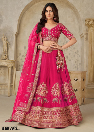 Magenta Pink Silk Lehenga Choli with Elephant Motifs & Zari Embroidery