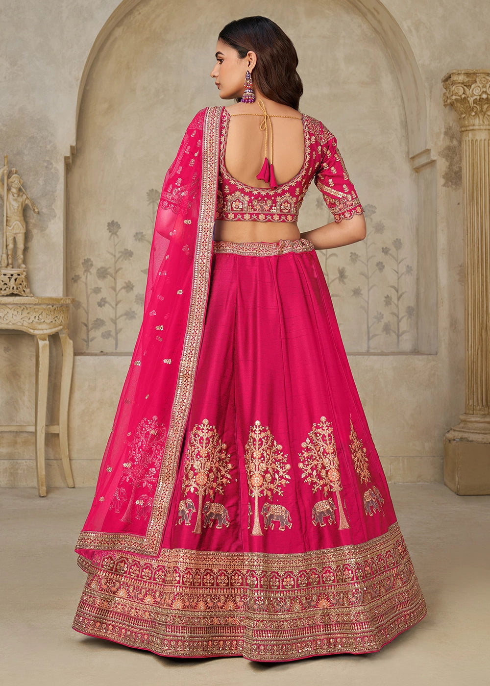 Magenta Pink Silk Lehenga Choli with Elephant Motifs & Zari Embroidery