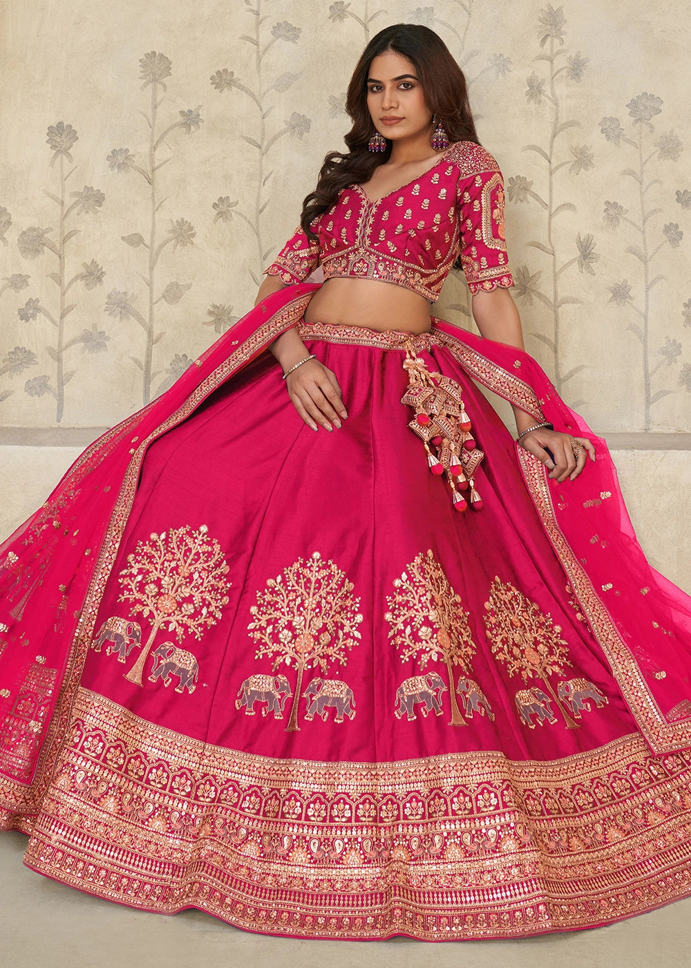 Magenta Pink Silk Lehenga Choli with Elephant Motifs & Zari Embroidery