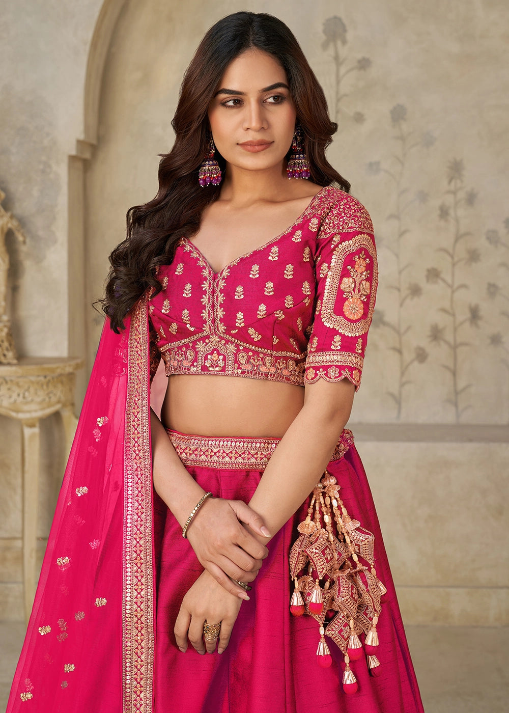 Magenta Pink Silk Lehenga Choli with Elephant Motifs & Zari Embroidery