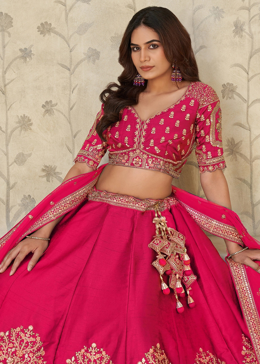 Magenta Pink Silk Lehenga Choli with Elephant Motifs & Zari Embroidery