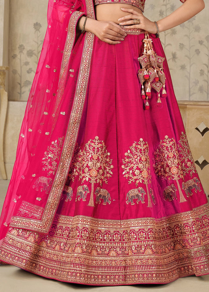 Magenta Pink Silk Lehenga Choli with Elephant Motifs & Zari Embroidery