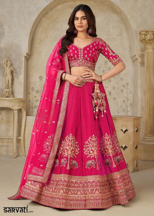 Magenta Pink Silk Lehenga Choli with Elephant Motifs & Zari Embroidery