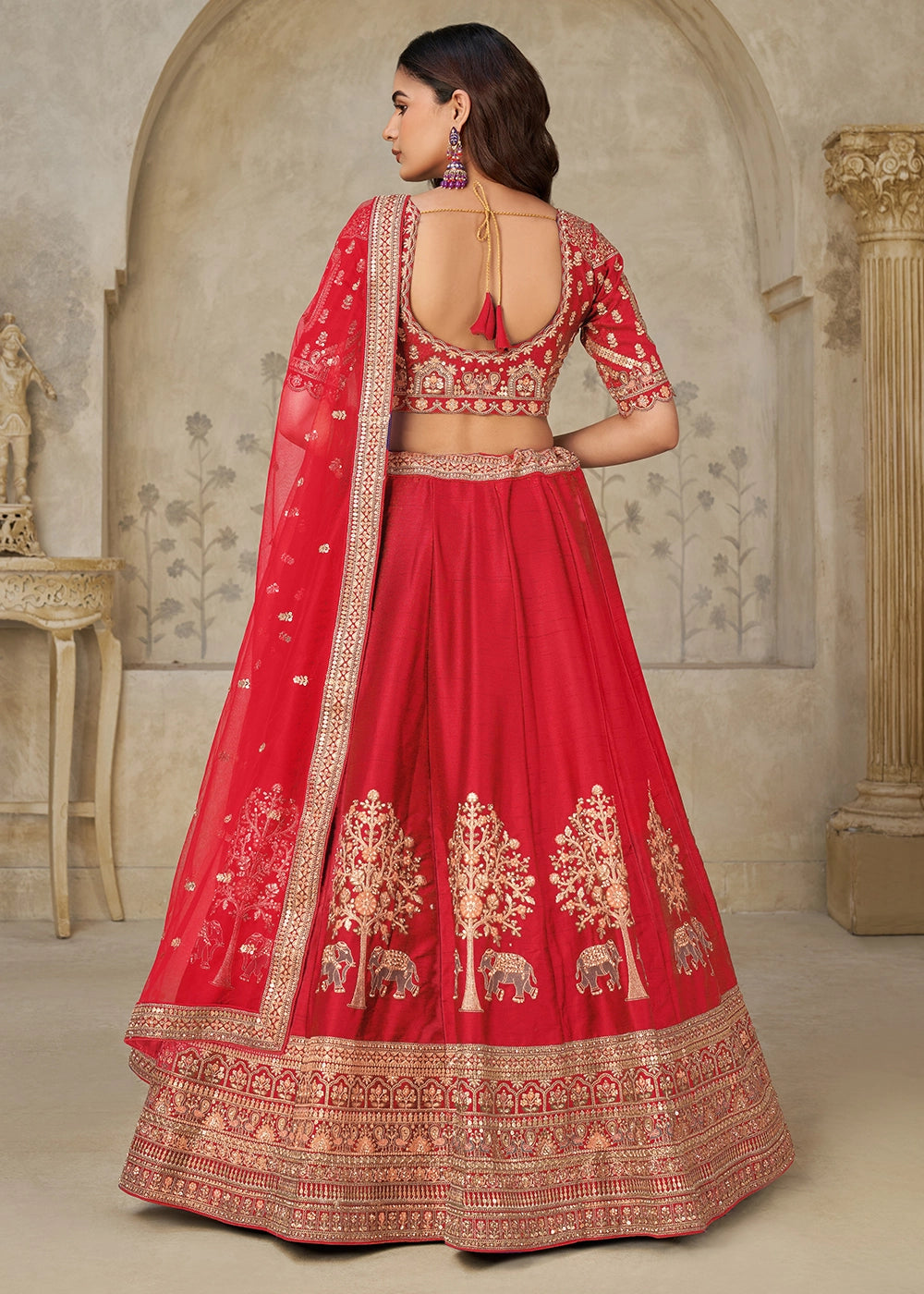 Candy Red Silk Lehenga Choli with Elephant Motifs & Zari Embroidery