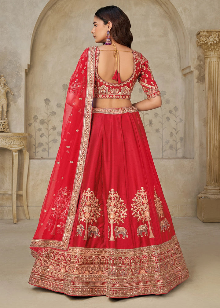 Candy Red Silk Lehenga Choli with Elephant Motifs & Zari Embroidery