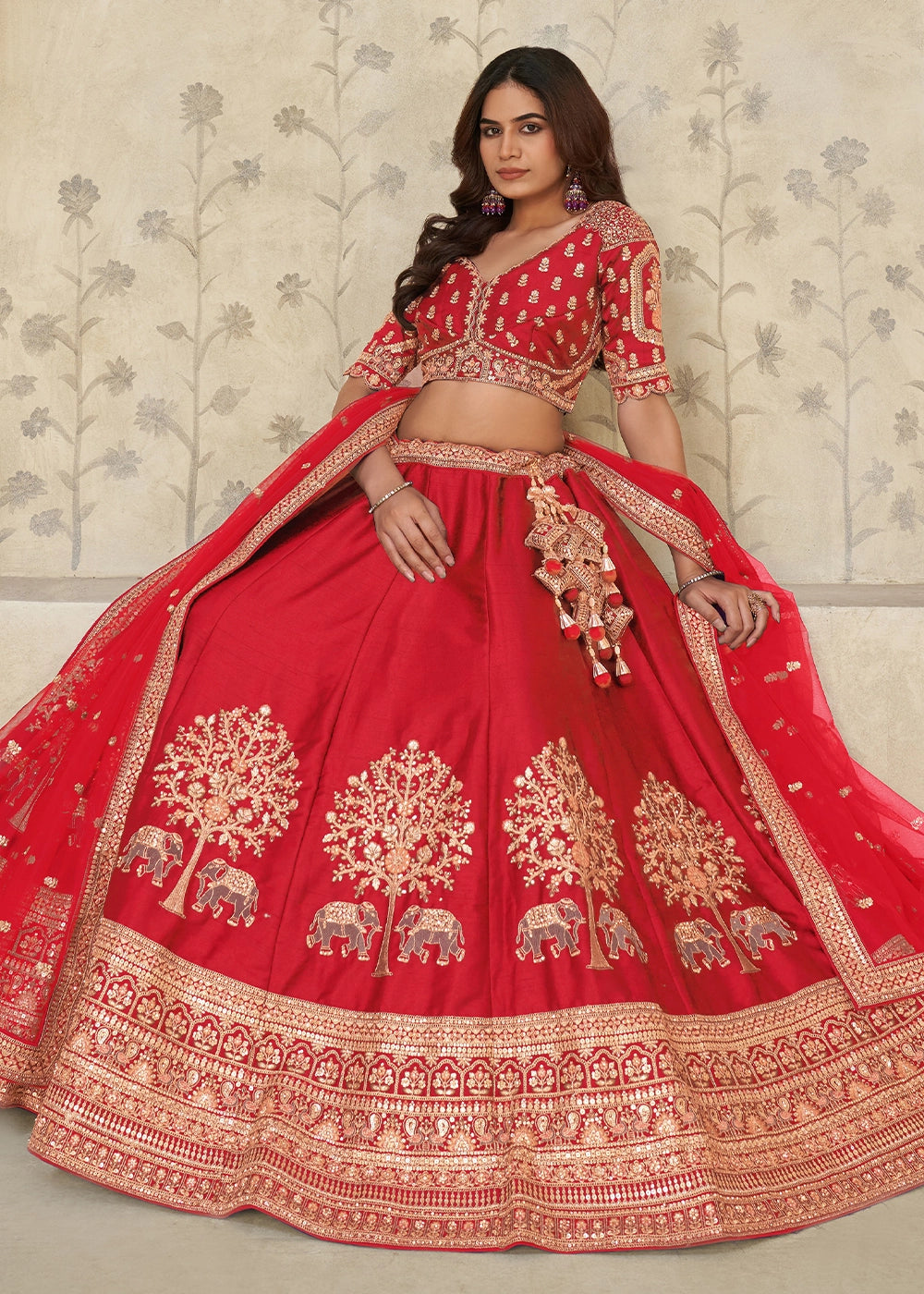 Candy Red Silk Lehenga Choli with Elephant Motifs & Zari Embroidery