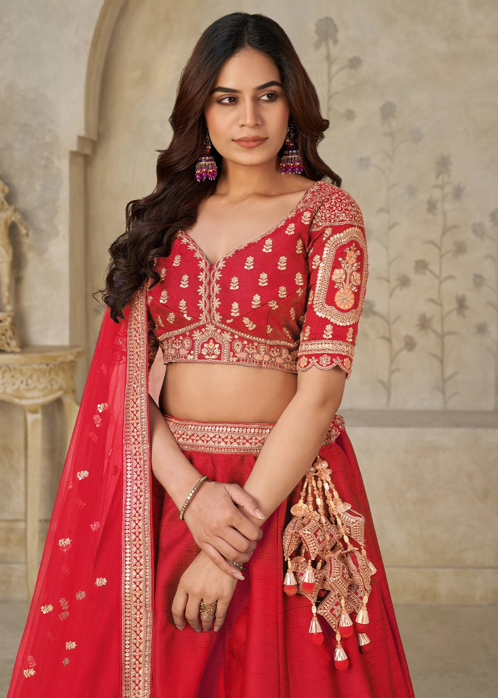 Candy Red Silk Lehenga Choli with Elephant Motifs & Zari Embroidery
