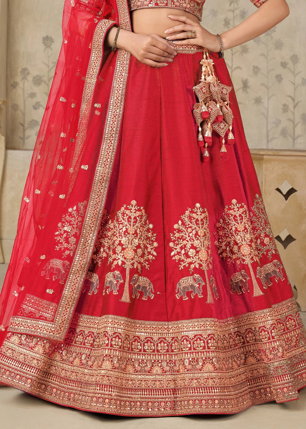 Candy Red Silk Lehenga Choli with Elephant Motifs & Zari Embroidery