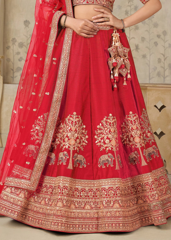Candy Red Silk Lehenga Choli with Elephant Motifs & Zari Embroidery