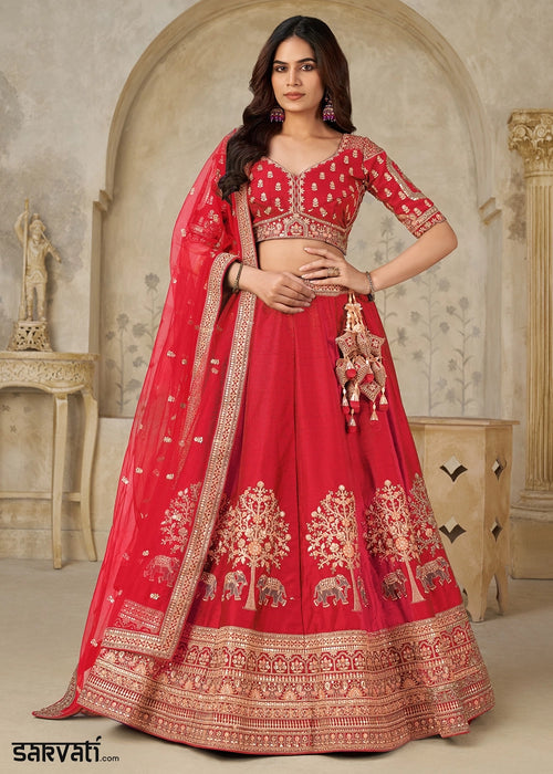 Candy Red Silk Lehenga Choli with Elephant Motifs & Zari Embroidery
