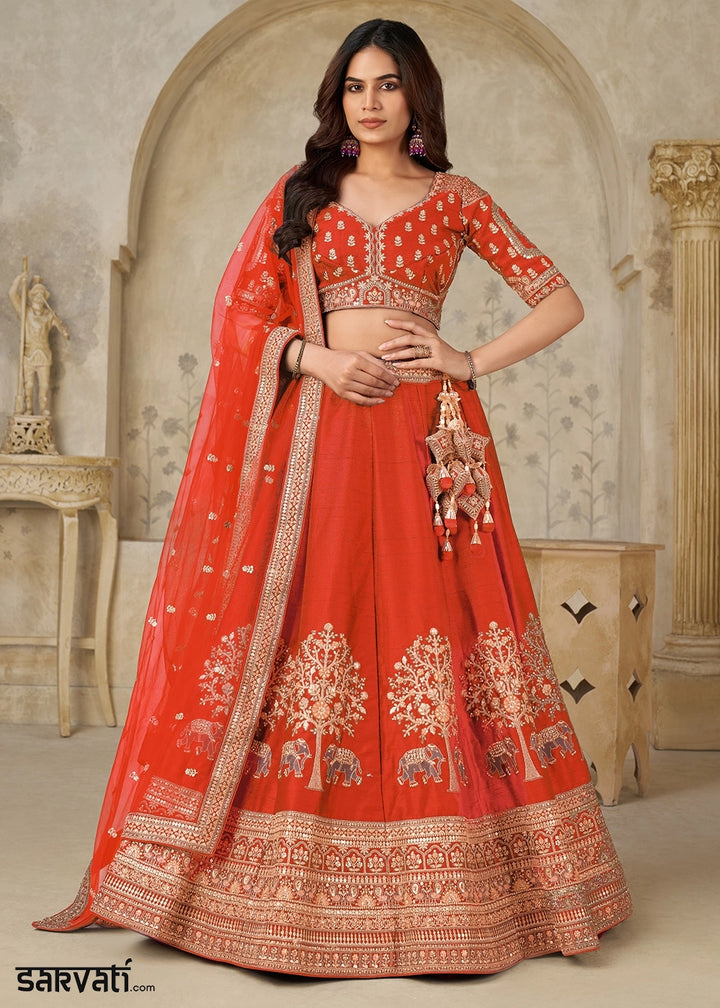 Rust Orange Silk Lehenga Choli with Elephant Motifs & Zari Embroidery