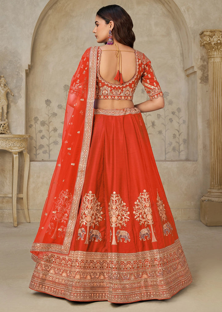 Rust Orange Silk Lehenga Choli with Elephant Motifs & Zari Embroidery