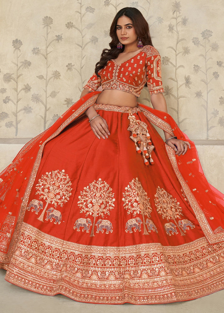 Rust Orange Silk Lehenga Choli with Elephant Motifs & Zari Embroidery