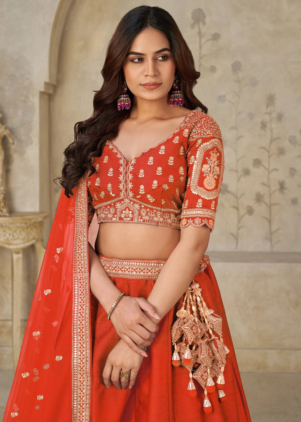 Rust Orange Silk Lehenga Choli with Elephant Motifs & Zari Embroidery