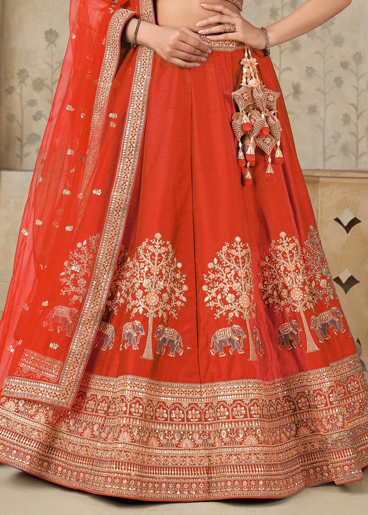 Rust Orange Silk Lehenga Choli with Elephant Motifs & Zari Embroidery
