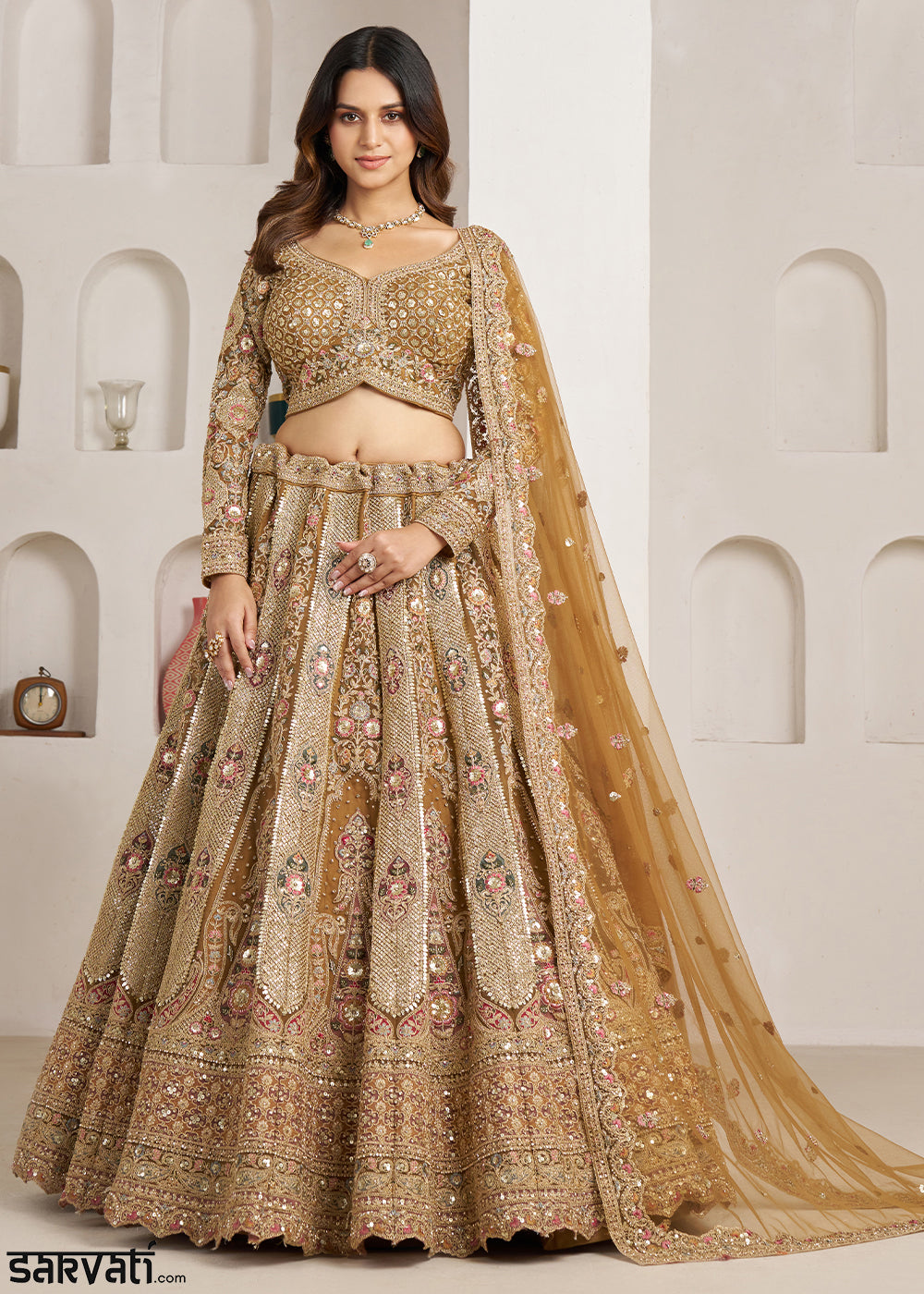 Antique Gold Net Bridal Lehenga with Heavy Embroidery