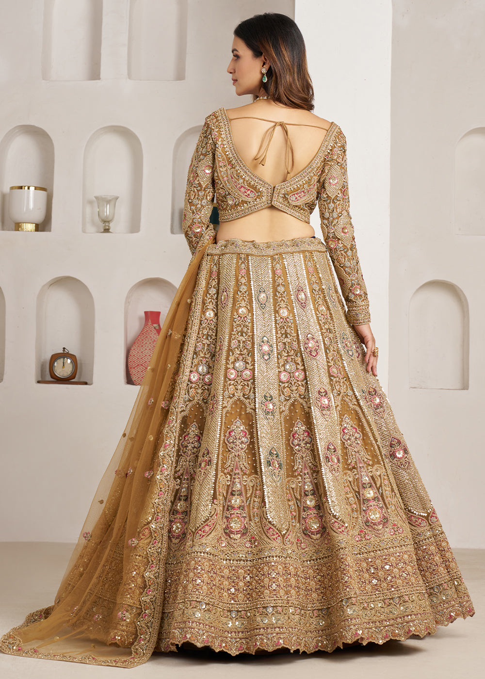 Antique Gold Net Bridal Lehenga with Heavy Embroidery
