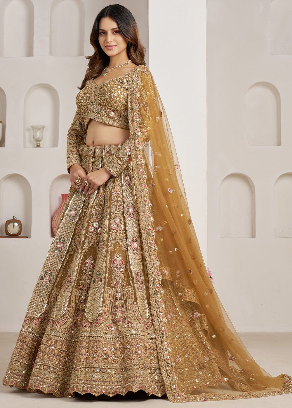 Antique Gold Net Bridal Lehenga with Heavy Embroidery