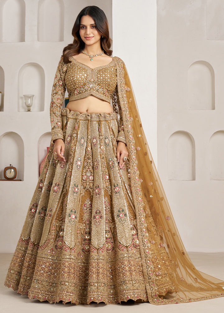 Antique Gold Net Bridal Lehenga with Heavy Embroidery