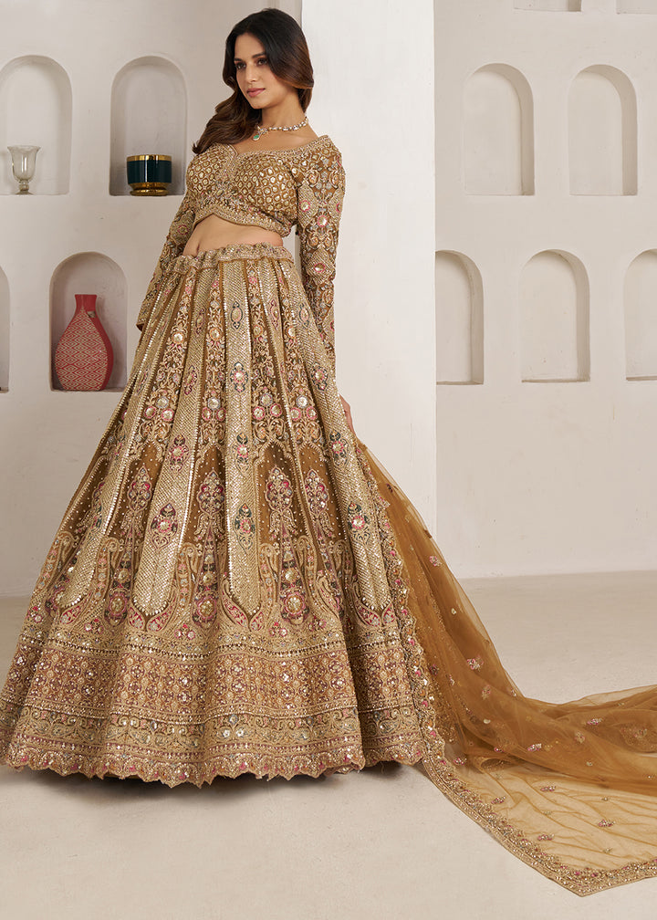 Antique Gold Net Bridal Lehenga with Heavy Embroidery