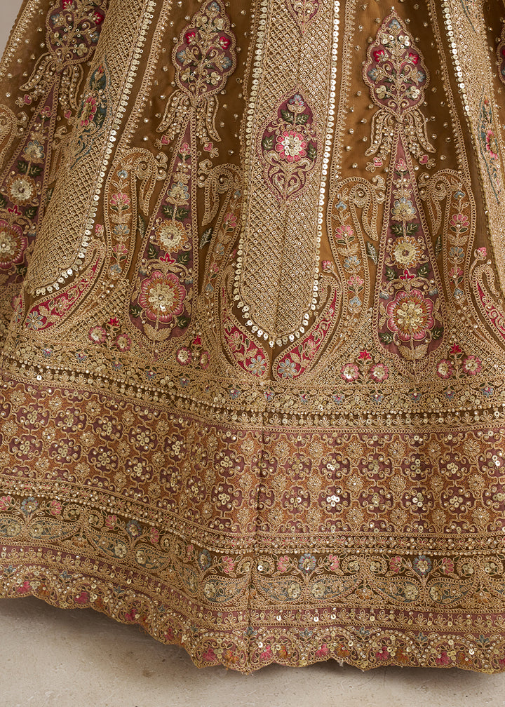 Antique Gold Net Bridal Lehenga with Heavy Embroidery