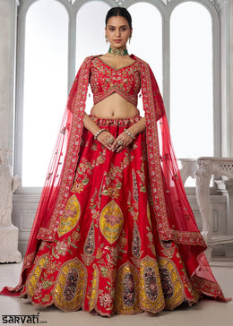Scarlet Red Banarasi Silk Lehenga Choli with Heirloom Handcrafted Embroidery