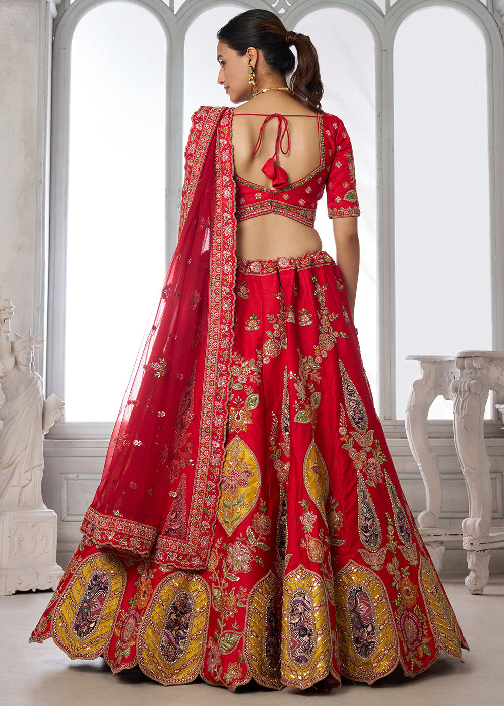 Red Silk Bridal Lehenga with Multicolor Patchwork