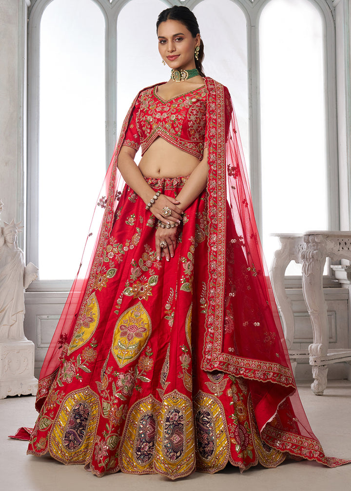 Red Silk Bridal Lehenga with Multicolor Patchwork