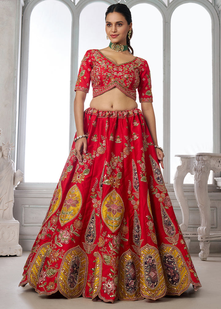 Red Silk Bridal Lehenga with Multicolor Patchwork