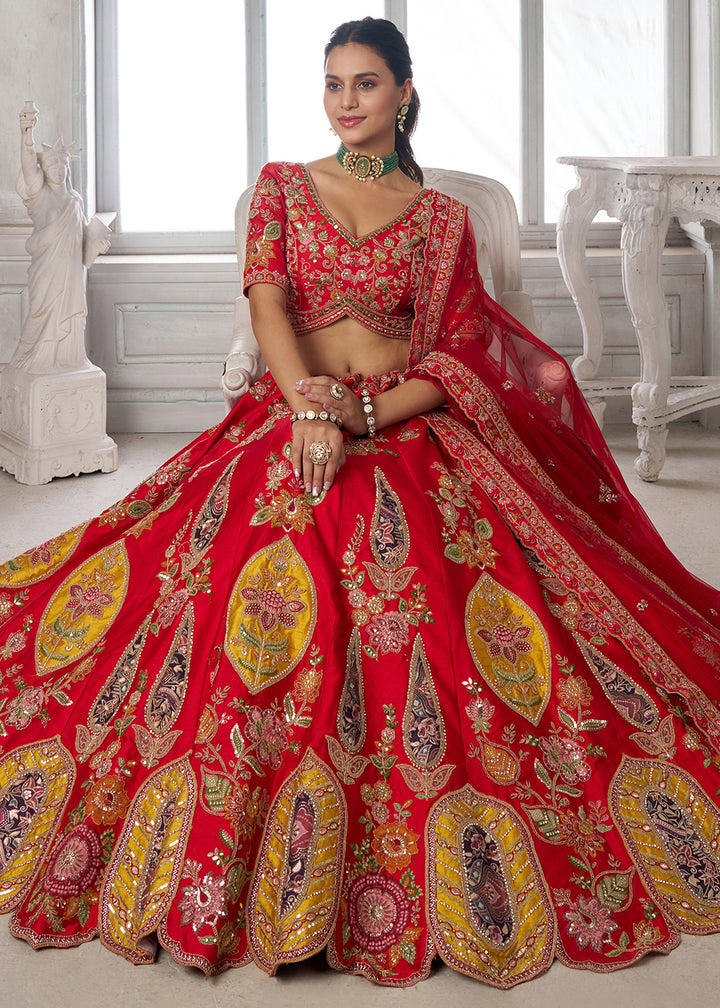 Red Silk Bridal Lehenga with Multicolor Patchwork