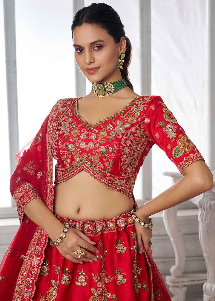 Red Silk Bridal Lehenga with Multicolor Patchwork