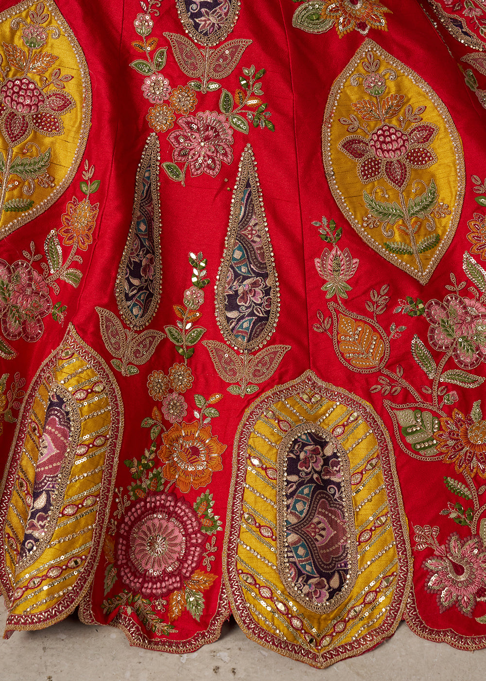 Red Silk Bridal Lehenga with Multicolor Patchwork