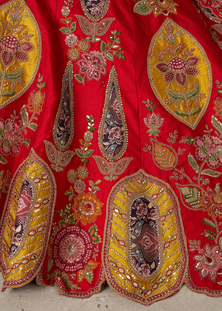 Red Silk Bridal Lehenga with Multicolor Patchwork
