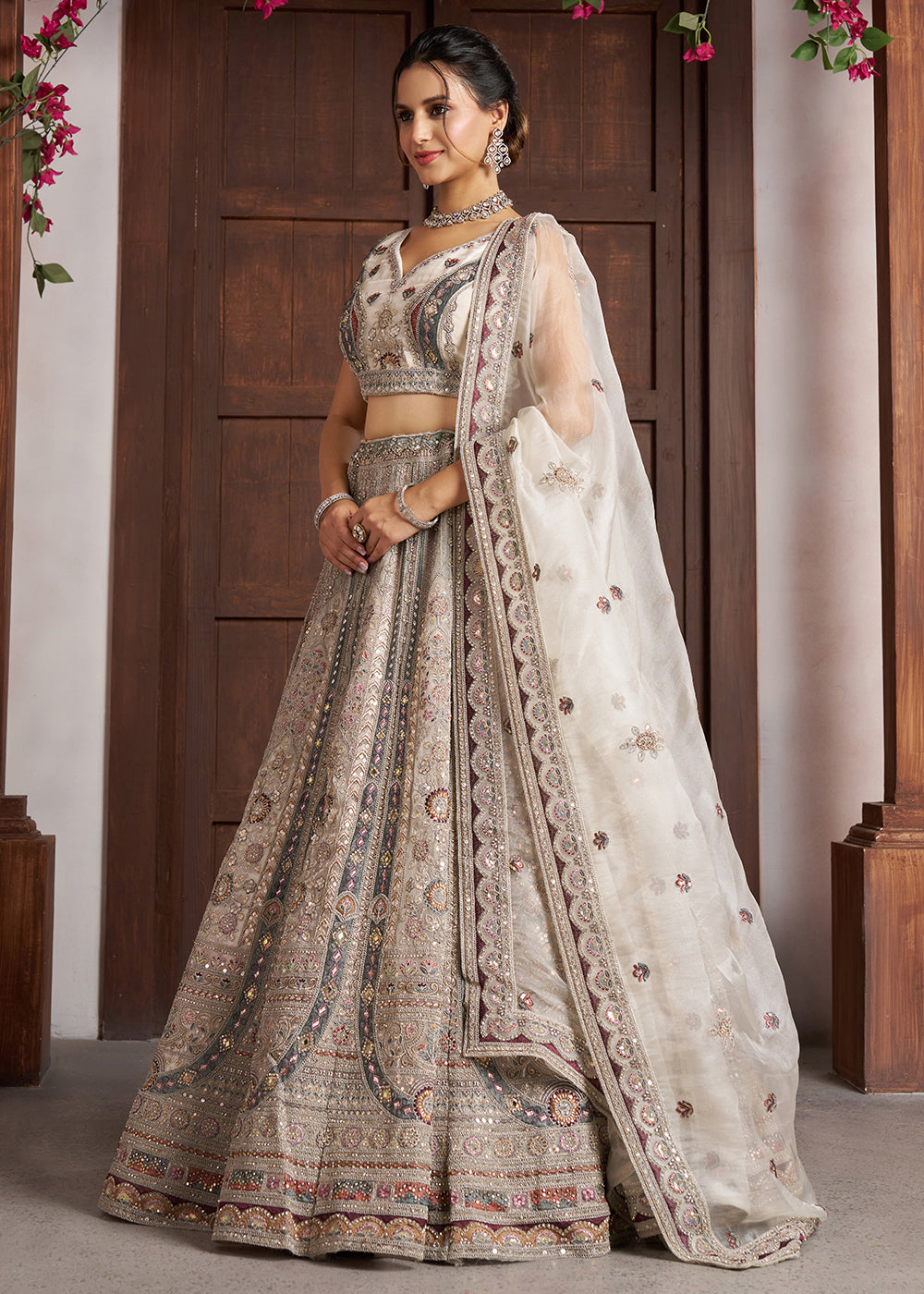 White Net Bridal Lehenga with Floral Handwork