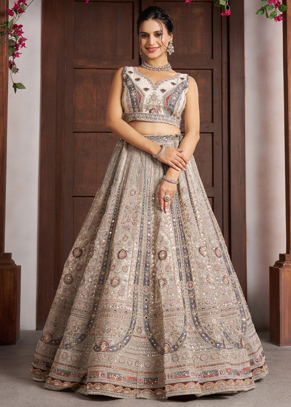 White Net Bridal Lehenga with Floral Handwork
