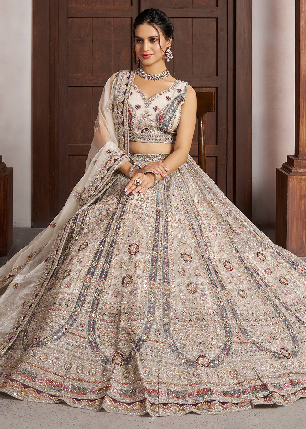 White Net Bridal Lehenga with Floral Handwork