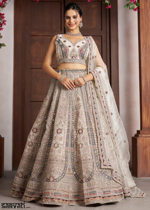 White Net Bridal Lehenga with Floral Handwork