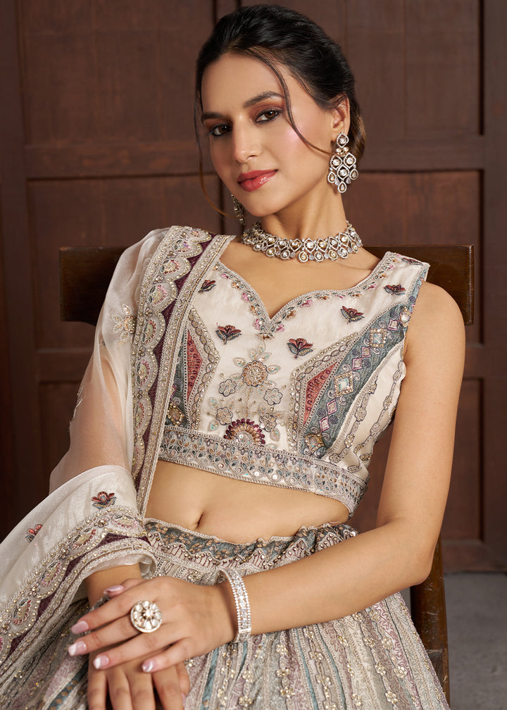 Imperial White & Grey Net Lehenga Choli with Floral Embellished Detailing