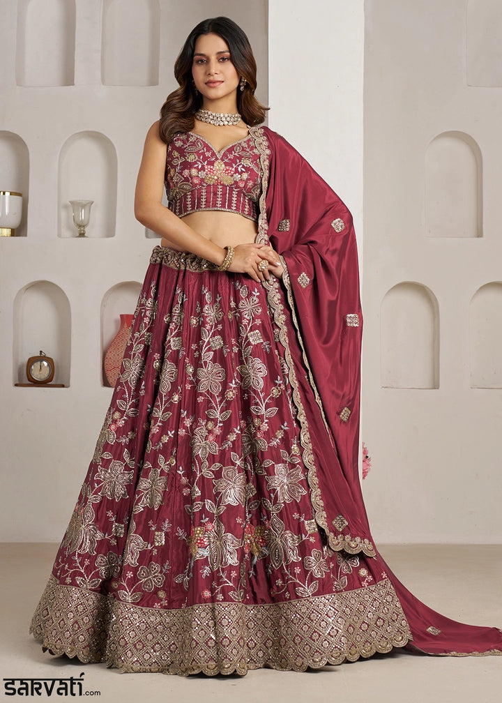 Maroon Brown Crepe Silk Lehenga Choli with Golden Sequin Embroidery