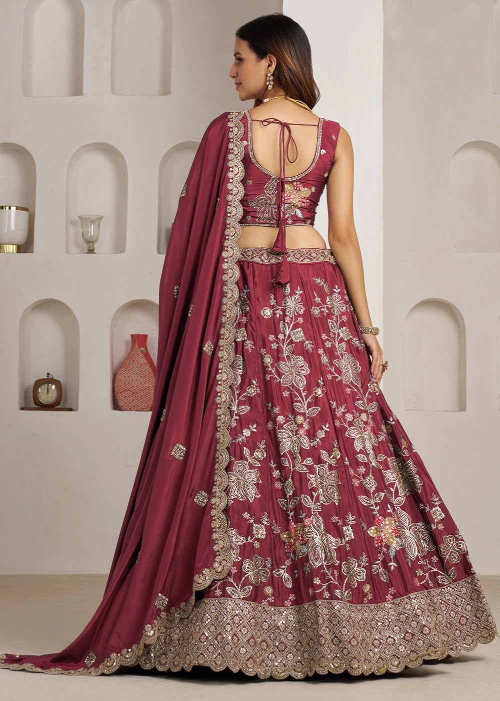 Maroon Brown Crepe Silk Lehenga Choli with Golden Sequin Embroidery
