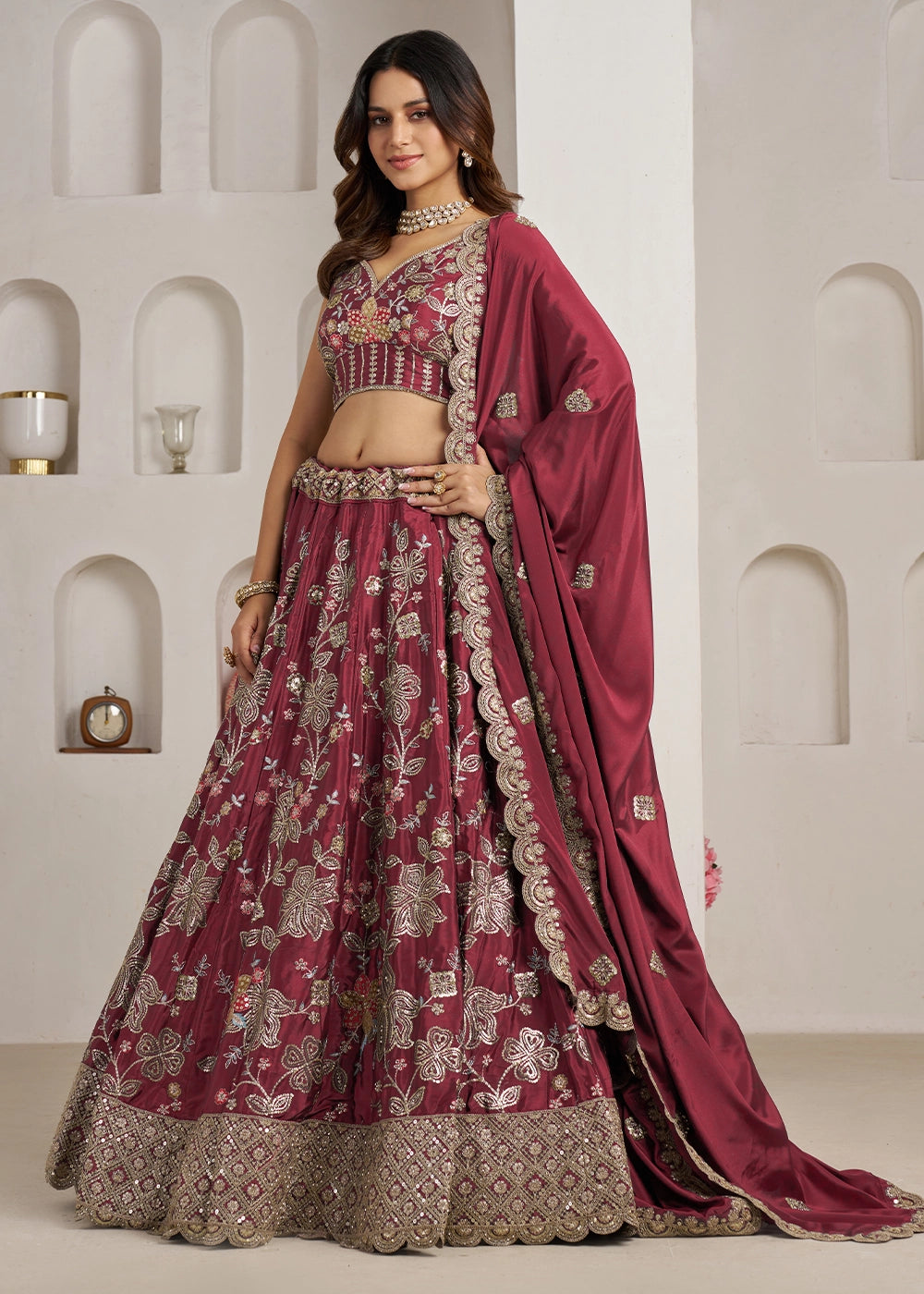 Maroon Brown Crepe Silk Lehenga Choli with Golden Sequin Embroidery