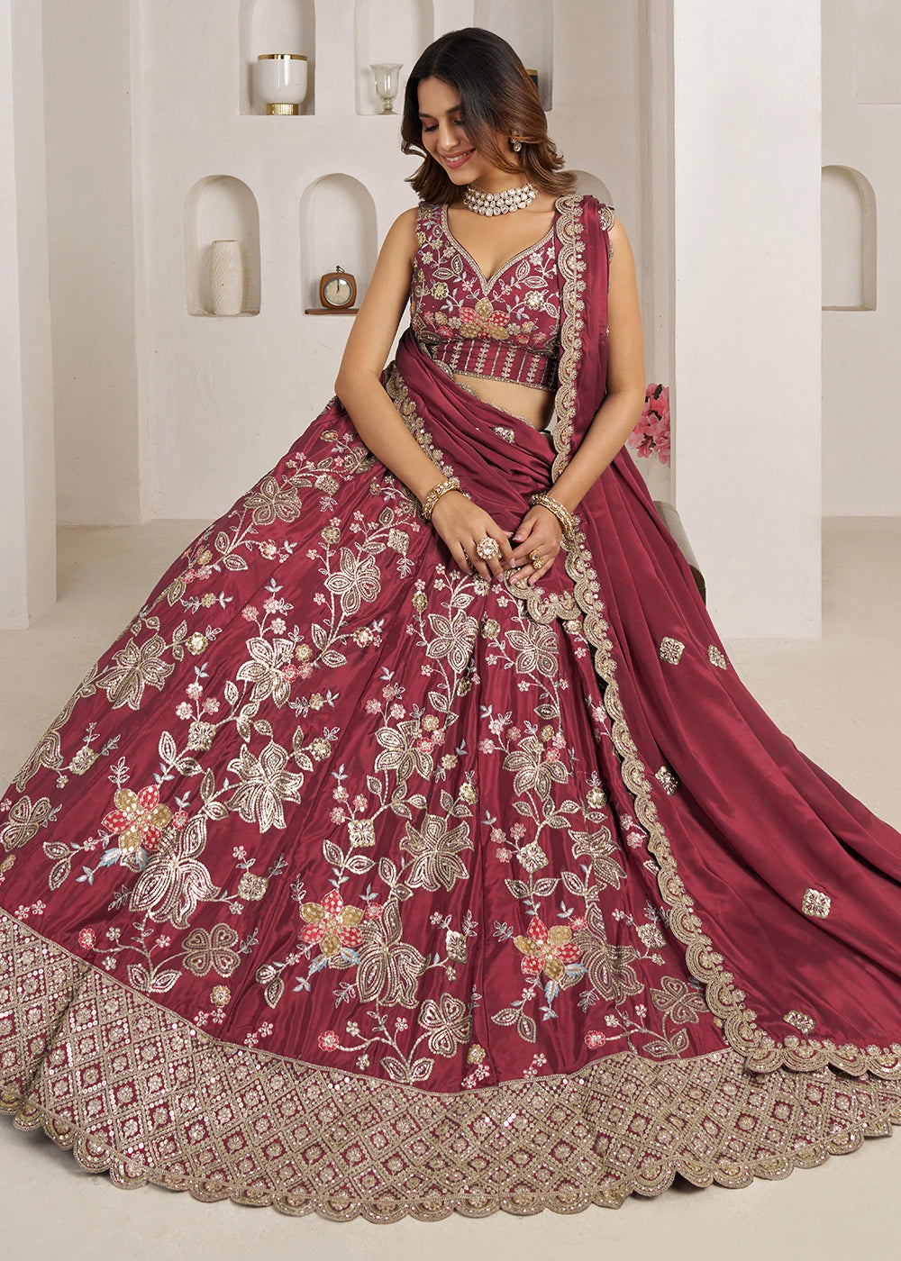 Maroon Brown Crepe Silk Lehenga Choli with Golden Sequin Embroidery