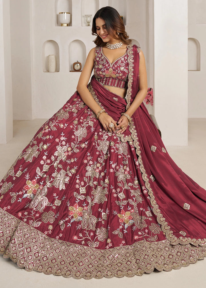 Maroon Brown Crepe Silk Lehenga Choli with Golden Sequin Embroidery