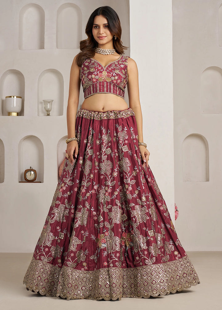Maroon Brown Crepe Silk Lehenga Choli with Golden Sequin Embroidery