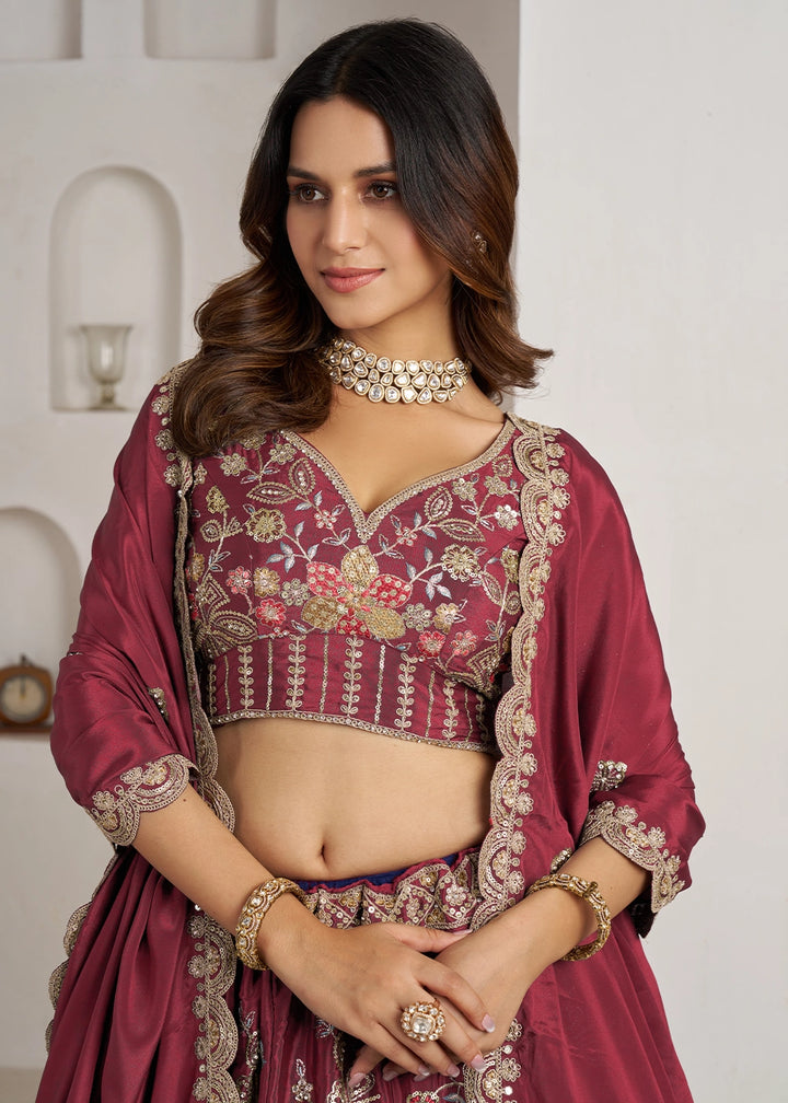 Maroon Brown Crepe Silk Lehenga Choli with Golden Sequin Embroidery
