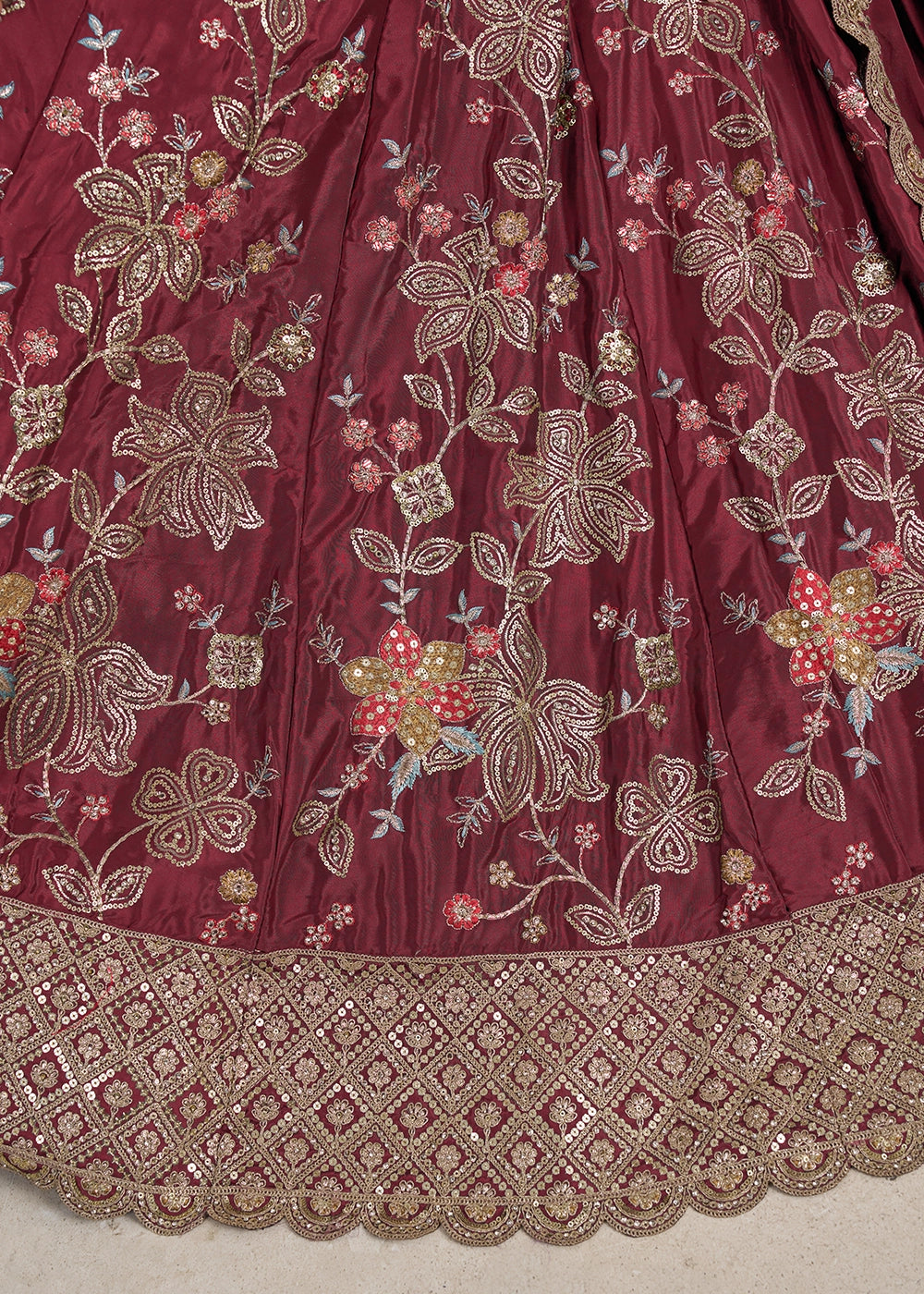 Maroon Brown Crepe Silk Lehenga Choli with Golden Sequin Embroidery