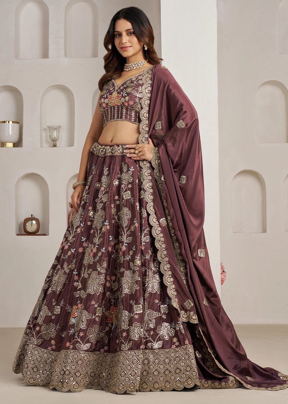 Shades Of Purple Crepe Silk Lehenga Choli with Golden Sequin Embroidery