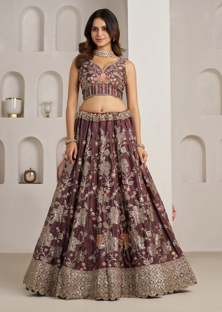 Shades Of Purple Crepe Silk Lehenga Choli with Golden Sequin Embroidery