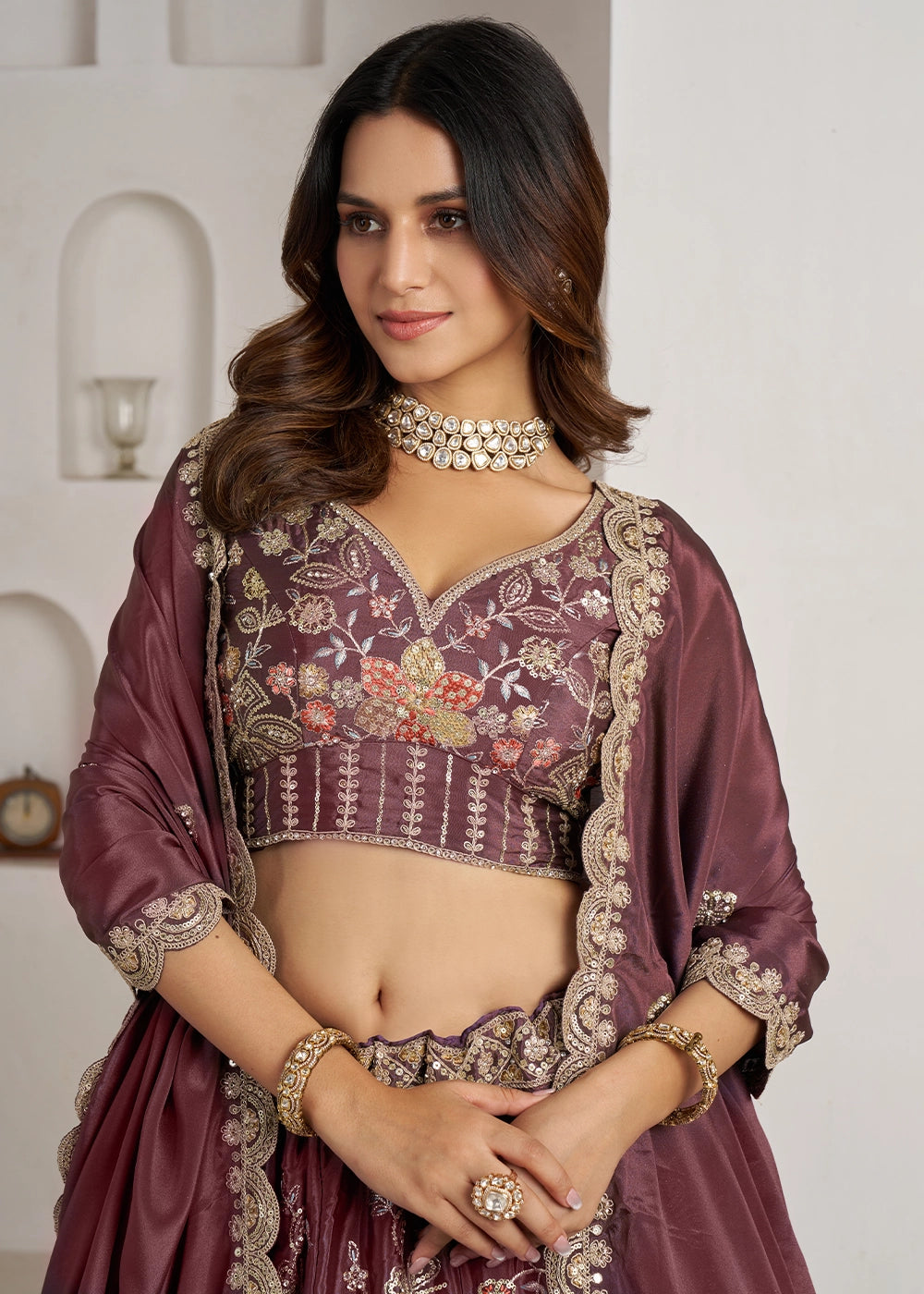 Shades Of Purple Crepe Silk Lehenga Choli with Golden Sequin Embroidery