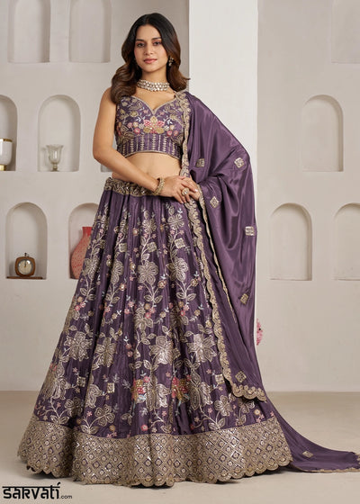 Heather Purple Crepe Silk Lehenga Choli with Golden Sequin Embroidery